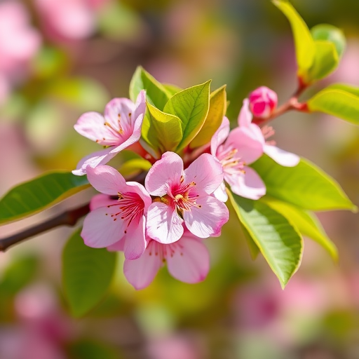 Generate a vibrant illustration of pink blossoms on a branch with green leaves, captured with a DSLR camera at f/4, ISO 100, 50mm lens, natural light, macro view, high saturation for vivid colors.