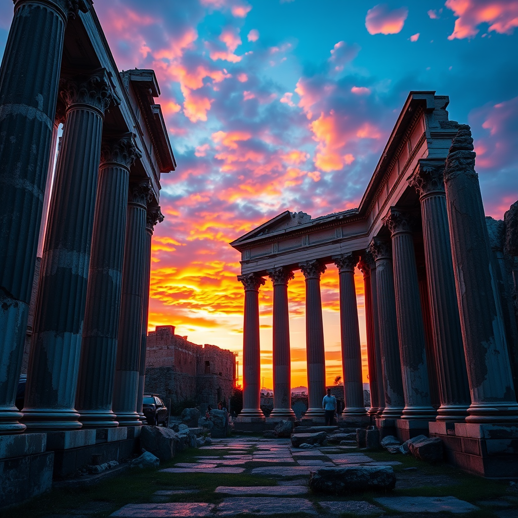 an artistic depiction of ancient Rome with vibrant colors, showcasing ruins and historical architecture, at sunset, using a DSLR camera, 50mm lens, f/11 aperture, ISO 200, shot from a low angle to emphasize the grandeur of the columns, with a soft focus on the background to enhance depth.