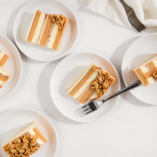 Aerial view of several slices of layered cake on white plates arranged on a light surface with a fork on one plate and a napkin in the background. The cake features cream and sponge layers with a crumb topping. The setting is bright and minimalist.