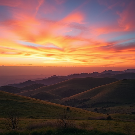 Create a high-resolution image of a serene landscape featuring rolling hills and a sunset sky with vibrant colors, using a Canon EOS R5, aperture f/8, ISO 100, shutter speed 1/125s, captured in a wide-angle lens perspective to enhance depth and detail.