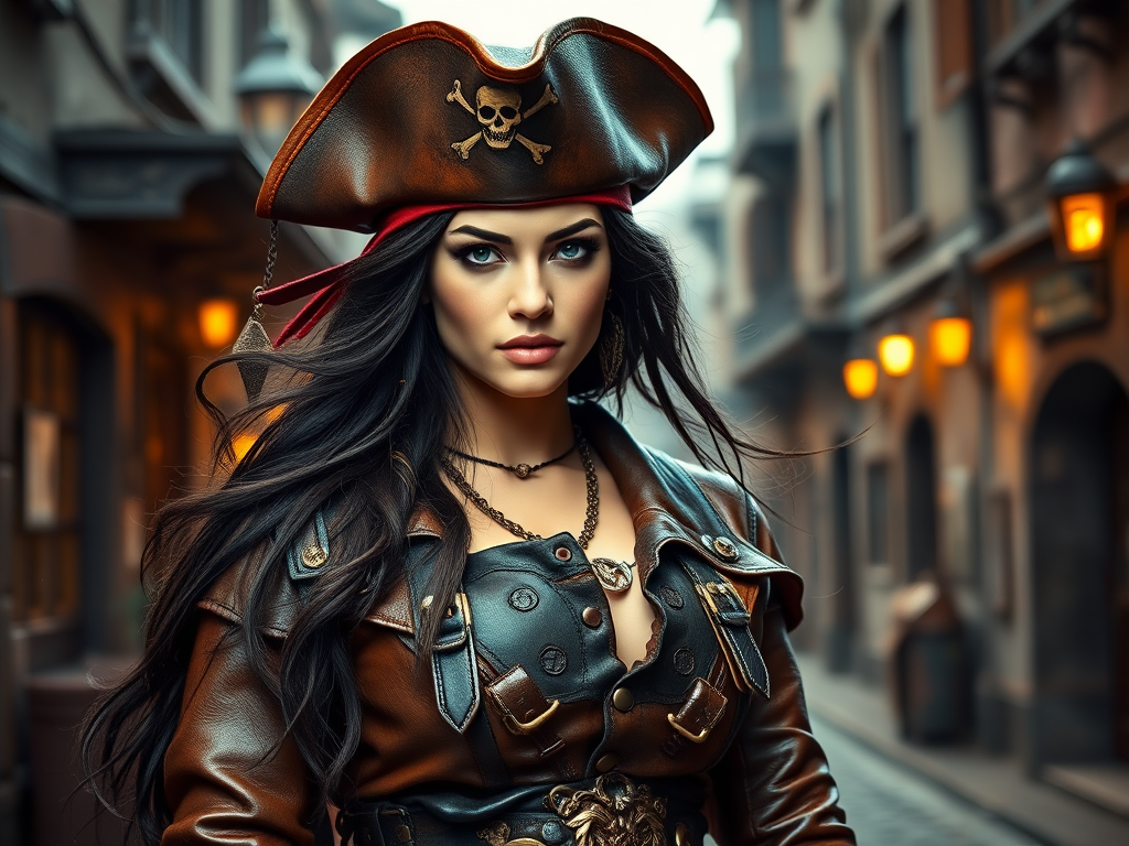 Create a portrait of a fierce female pirate. She wears a leather tricorn hat adorned with a skull and crossbones emblem, and her long, dark hair flows around her face. Her outfit consists of a richly detailed leather jacket, a corset, and multiple layers of belts and accessories, giving her a formidable and stylish appearance. She stands confidently in a dimly lit, historic port town, with a backdrop of weathered buildings and cobblestone streets, capturing the adventurous spirit of a pirate.