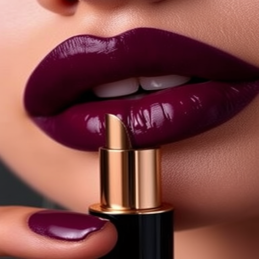 Sultry deep plum "Midnight Velvet" lipstick envelops pouty lips in rich, velvety color, boasting a creamy texture and intense pigmentation for bold evening looks