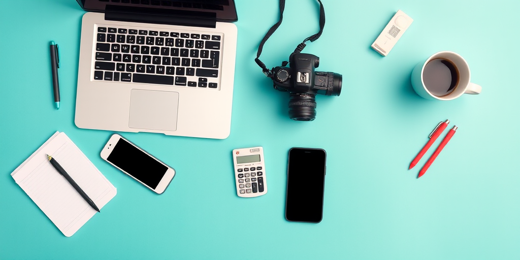 minimalistic workspace setup with a laptop, smartphones, a calculator, a cup, and stationery on a teal background, digital camera, aperture f/4, shutter speed 1/60s, ISO 100, top-down view, high resolution