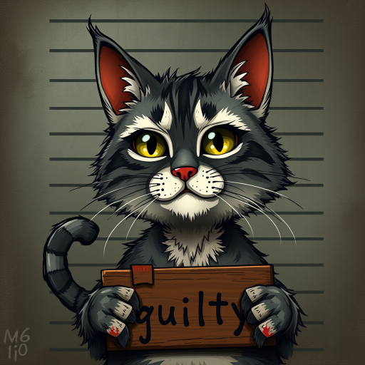 A comical cartoon-like scruffy cat, battered, dirty, with a mug shot and 'guilty' written on the board, in a whimsical and surreal art style with dark fantasy themes, dramatic lighting effects, minimalist and abstract touches, hyper-realistic details, textured backgrounds, vintage aesthetics, playful and exaggerated characters, gothic aesthetics, intricate designs, detailed patterns, and artistic composition