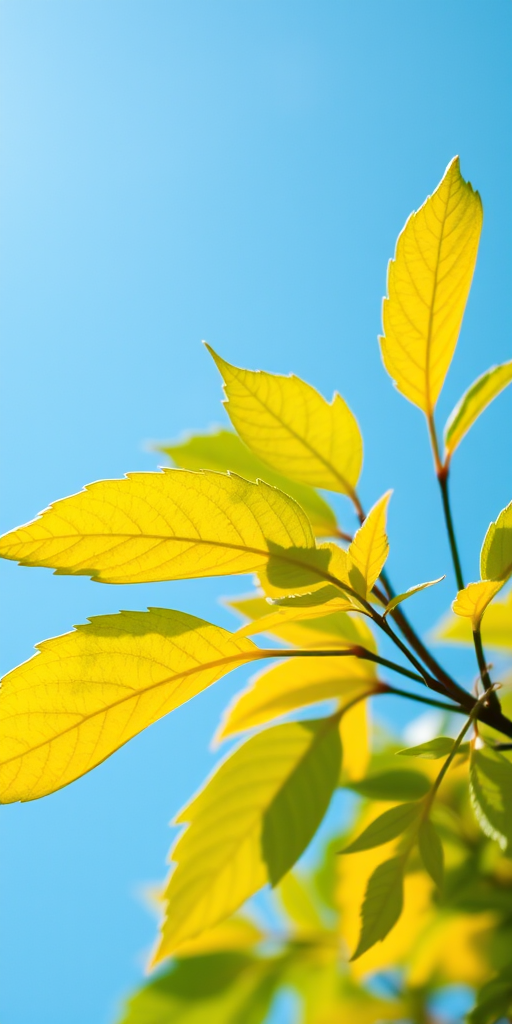 Capture a close-up of vibrant green and yellow leaves against a blue sky using a DSLR camera with an aperture of f/4, ISO 200, shutter speed 1/250s, in natural light, with a shallow depth of field for a soft background blur.