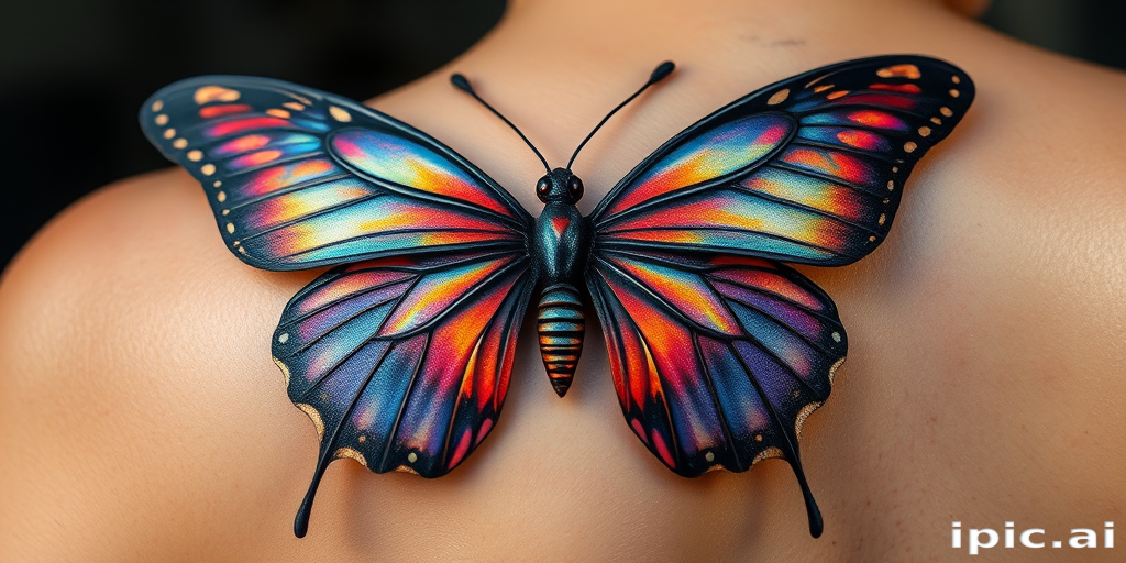 Hyper-realistic 3D butterfly tattoo with wings that appear to lift off the skin, showcasing iridescent colors and delicate textures, placed on the shoulder blade for a stunning visual effect