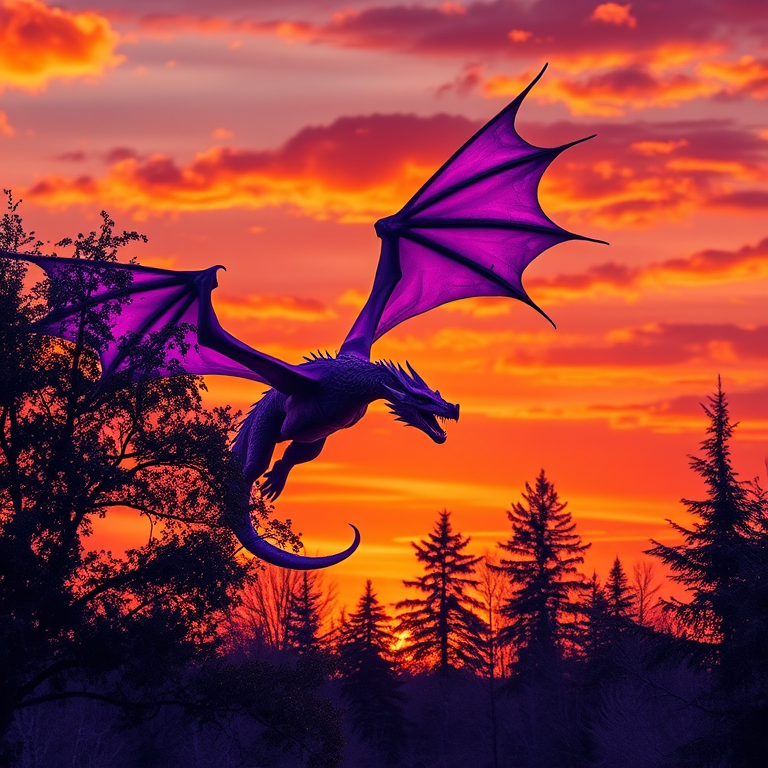 A majestic purple dragon soaring through a vibrant sunset sky with watercolor trees silhouetted in the foreground, captured with a Nikon D850, 50mm lens, f/2.8 aperture, ISO 100, HDR style.