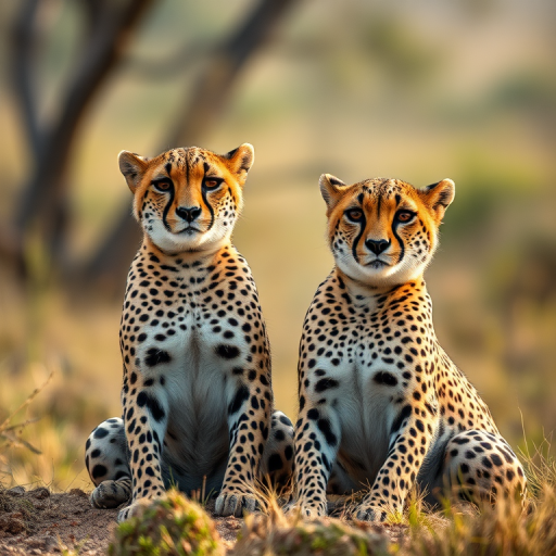 Two cheetahs sitting closely together in a natural habitat, soft focus background, captured in early morning light, 85mm lens, aperture f/2.8, ISO 200, 1/500s shutter speed, DSLR camera, high-resolution.