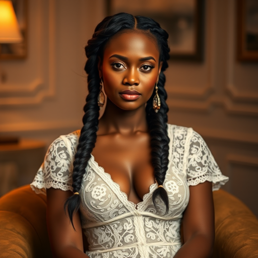 Create a portrait of a refined and elegant Fijian woman seated in a sophisticated setting. She has long, wavy hair styled in two thick braids that are pulled over her shoulders. She wears a white, lace gown with intricate patterns, featuring a deep V-neckline and short sleeves. The dress exudes a vintage charm with its delicate lacework. She is adorned with ornate, dangling earrings that add a touch of glamour to her appearance. The background is softly lit, with warm, ambient lighting that creates a cozy and inviting atmosphere. Her expression is poised and serene, capturing a sense of grace and elegance.