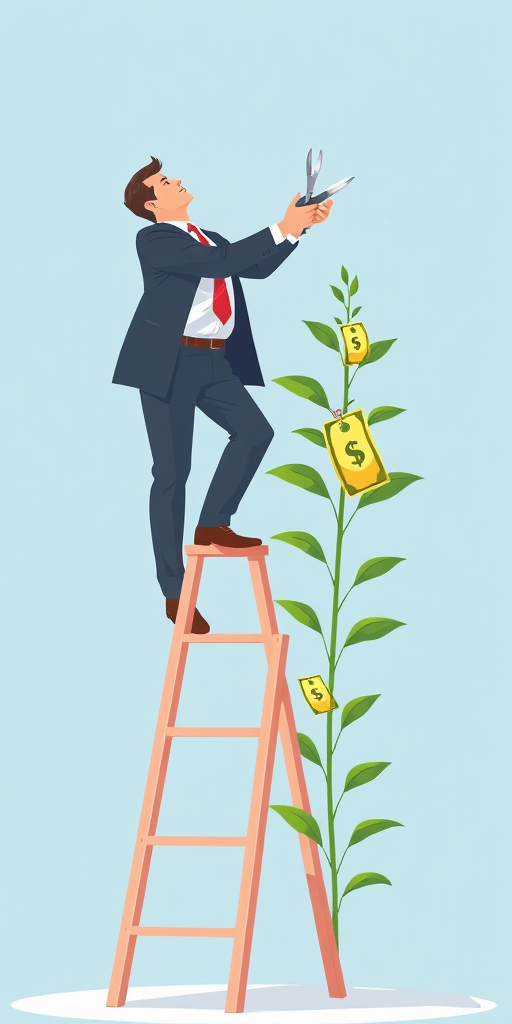 Create an illustration of a businessman standing on a ladder, using scissors to trim a plant growing money, with a light blue background, shot with a high-resolution digital camera, aperture f/8, 50mm lens, natural lighting, and in a vector art style.