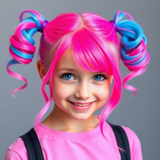Playful picture of a teen with Bubblegum Pop tresses, a bright pink base with neon blue tips, styled in high pigtails with curled ends