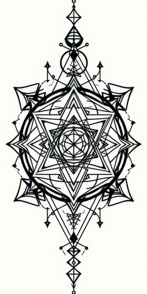 Blackwork sacred geometry tattoo featuring interconnected geometric shapes and patterns, creating a harmonious design that represents the mathematical principles underlying the universe