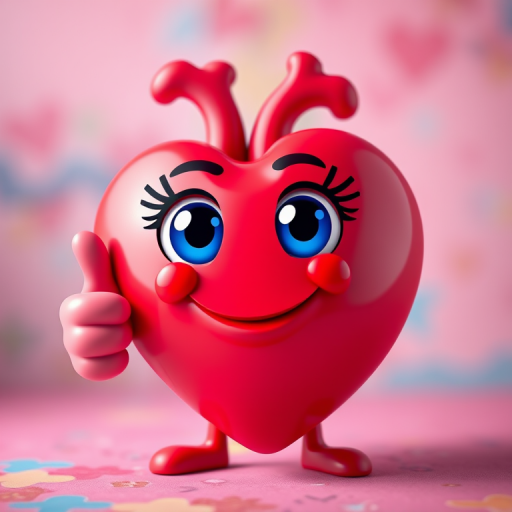 create a vibrant cartoon character of a heart with eyes and a thumbs-up gesture, bright colors, 3D effect, close-up view, using a DSLR camera at f/2.8 aperture, ISO 100, and a focal length of 50mm for enhanced detail and clarity