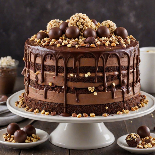 Create an image of a layered cake with alternating layers of vanilla and chocolate frosting. The cake should have a rich chocolate ganache on top, decorated with small round cake pops and sprinkled with crushed nuts. The texture of the cake should be fluffy, showcasing the different layers and fillings.