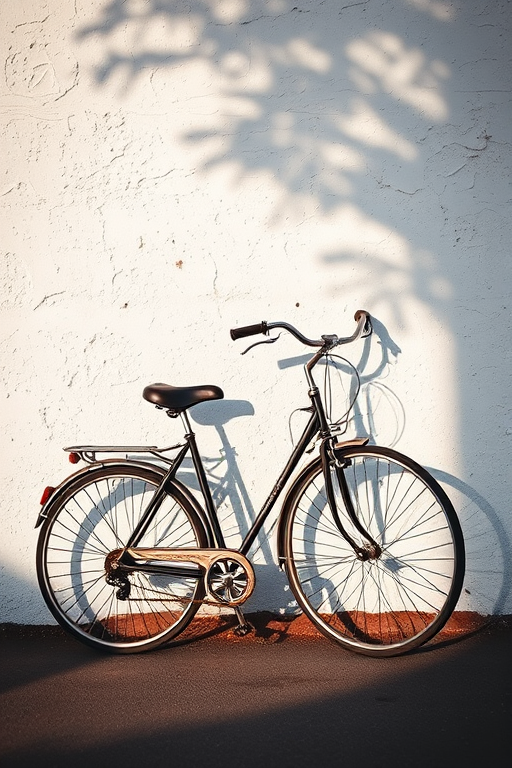 Capture a monochrome image of a vintage bicycle leaning against a textured white wall, using a DSLR camera with a 50mm lens at f/2.8, shutter speed 1/250s, ISO 100, in natural light during the golden hour, emphasizing sharp details and soft shadows.