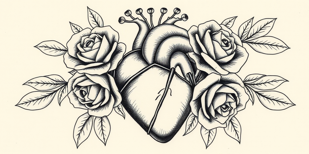 Vintage etching-style tattoo showcasing a detailed anatomical heart intertwined with blooming roses, rendered in fine line work and subtle shading for a timeless monochromatic piece