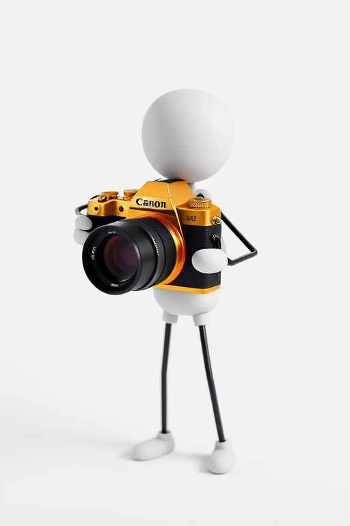 Generate an image of a 3D stick figure holding a golden camera, in a bright white background, using a Canon EOS R5 with a 50mm lens, aperture f/1.8, ISO 100, and a 1/200 sec shutter speed to enhance detail and contrast.