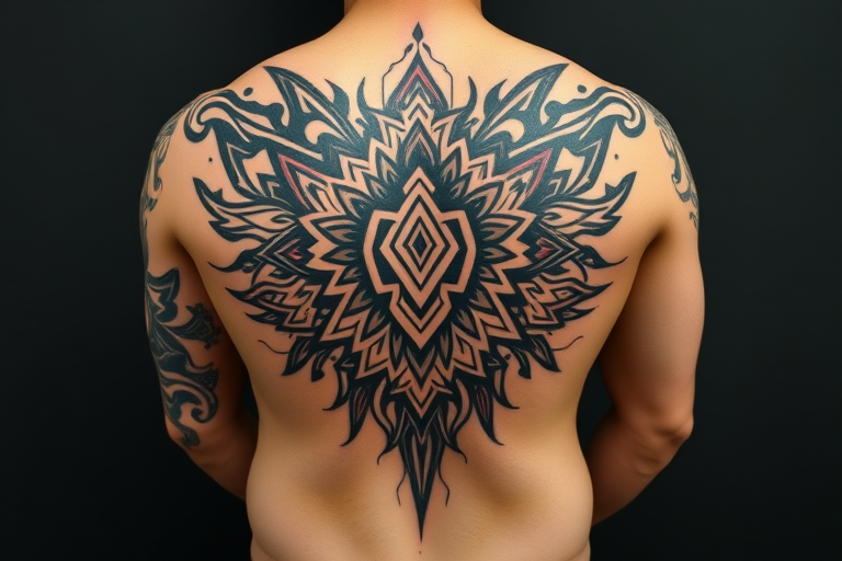 Tribal fusion tattoo named "Ancestral Echoes" blending traditional Polynesian motifs with modern geometric elements to create a unique and dynamic flow across the body