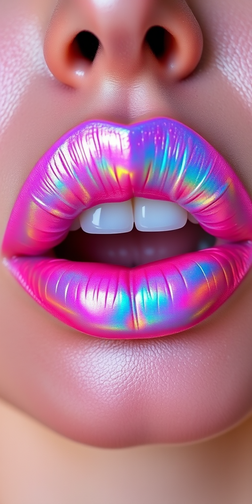 Iridescent holographic lips dubbed "Unicorn Dreams" showcase a multidimensional shift of pastel hues, creating a magical and ethereal appearance for festival-goers and makeup enthusiasts