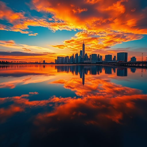 Capture a vibrant sunset over a city skyline reflected in calm water, utilizing a DSLR camera with a 24mm lens, aperture f/8, ISO 100, shutter speed 1/250s, with a low angle view to enhance the skyline, and a HDR imaging style for increased detail and color depth.