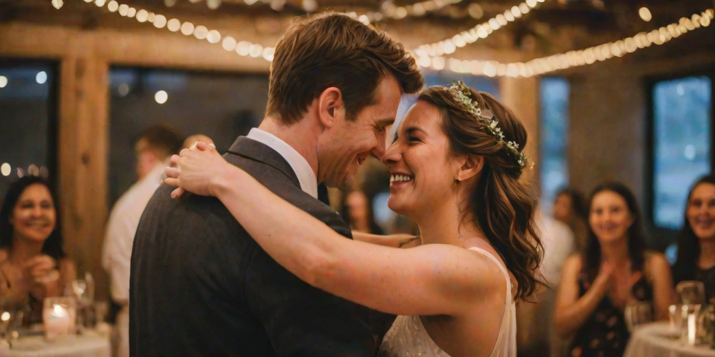 Blurry candid shot of a wedding couple sharing their first dance under twinkling fairy lights, with guests softly clapping and smiling in the warmly lit reception hall.