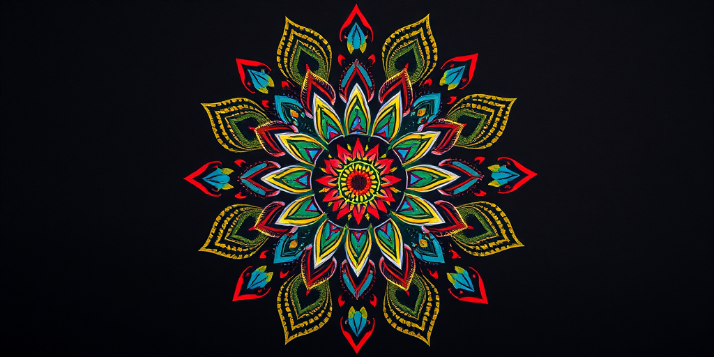 Create a vibrant mandala design featuring intricate floral patterns with a colorful palette of red, blue, green, and gold on a black background, photographed with a Canon EOS R5 at f/8, ISO 100, 50mm lens, using a top-down view and studio lighting for enhanced contrast and clarity.