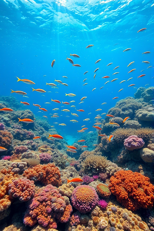 Vibrant coral reef teeming with marine life, schools of colorful fish swimming through the clear blue water, and sunlight filtering down from above.
