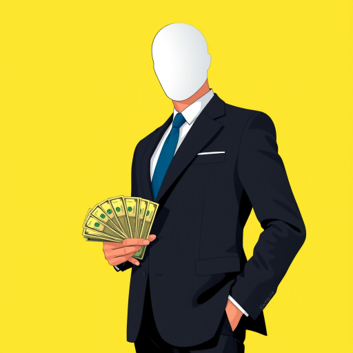 Create an illustration of a faceless business person in a suit holding cash, set against a bright yellow background, with a focus on vibrant colors and clean lines, using a Canon EOS R5 with a 50mm lens, f/1.8 aperture, soft lighting, and a shallow depth of field.