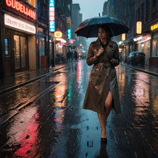 Rain-soaked city street at night, neon signs reflecting off the wet pavement, a woman in a trench coat walks briskly under her umbrella, her heels clicking softly on the cobblestones as she navigates the quiet, rain-soaked streets.