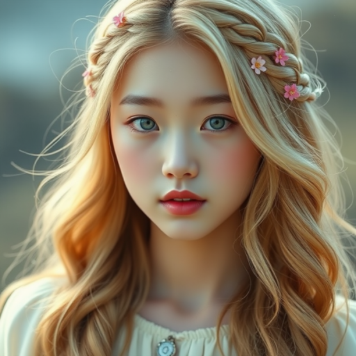 Create an image of a young Korean woman with long, wavy blonde hair, adorned with small, colorful flowers woven into her braids and loose strands. Her complexion is fair, with soft, glowing skin, and she has light blue eyes that gaze softly at the viewer. She wears a light, flowing dress with a gentle, ethereal quality, complementing her delicate and serene appearance. The background is slightly blurred, drawing focus to her tranquil expression and the intricate details of the flowers in her hair. The overall mood of the image is one of natural beauty and grace, evoking a sense of peacefulness and connection with nature.