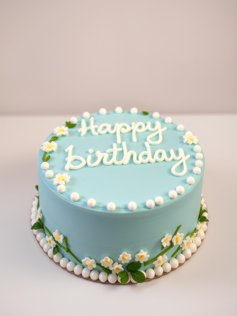 A round birthday cake with a smooth light blue frosting decorated with small white flowers and green leaves around the edge the words happy birthday written in white icing on top surrounded by small white pearls
