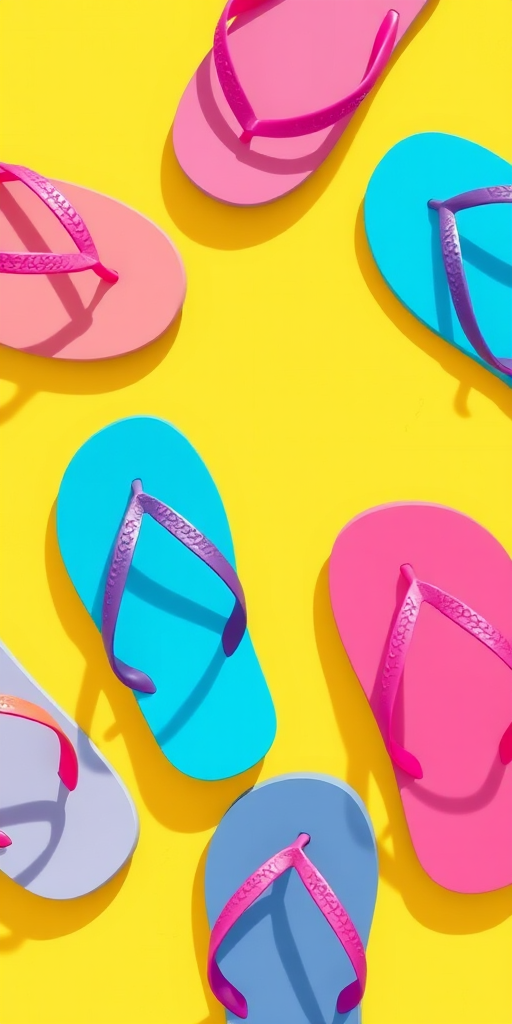 Illustration of colorful flip-flops on a sunlit yellow background, high-resolution, 50mm lens, f/2.8 aperture, ISO 100, overhead view, flat lay photography style.