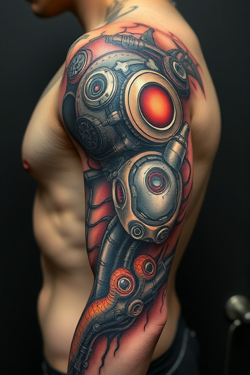 Biomechanical tattoo called "Cyber Genesis" showcasing hyper-realistic mechanical components merging with organic tissue creating the illusion of exposed robotic inner workings beneath the skin