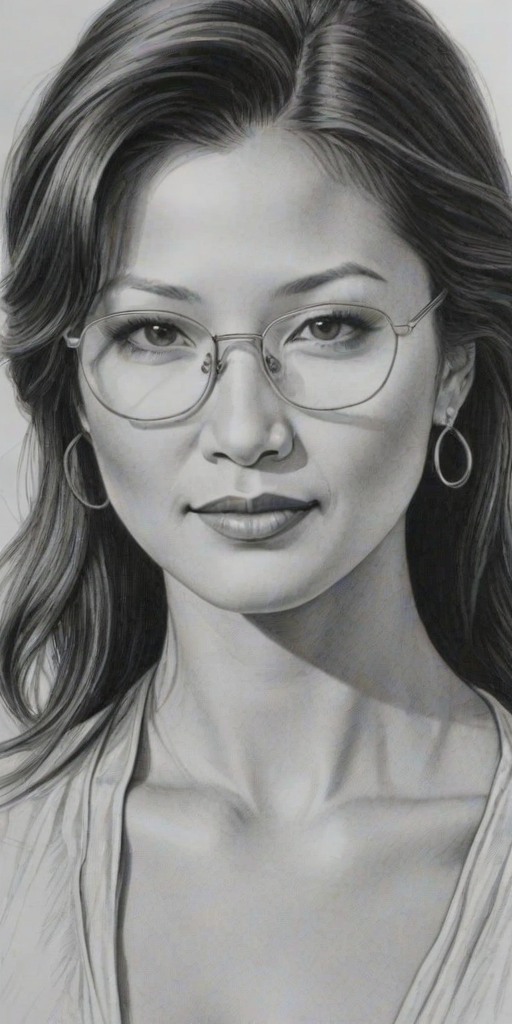 Exquisite Kelly Hu, pencil sketch, portrait of Lovely woman 1920s in glasses, hair style beatnik, outline, clear lines, fine lines, 8k