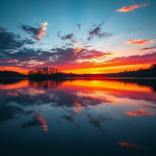 Create a detailed image of a serene sunset over a calm lake with reflections, using a DSLR camera, 50mm lens, aperture f/1.8, shutter speed 1/250s, ISO 100, wide shot perspective, vibrant colors and high contrast to enhance image quality.