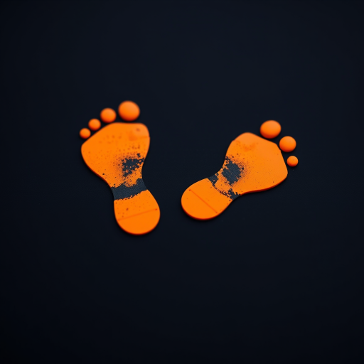 Create an image of two orange footprints on a black background with a shallow depth of field, using a DSLR camera with a 50mm lens at f/2.8, ISO 100, and a focus distance of 1 meter to enhance clarity and vibrancy.