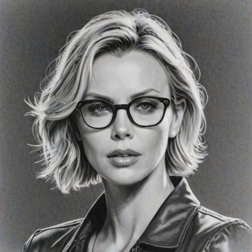 Graceful Charlize Theron, pencil sketch, portrait of Enticing woman 1979s in glasses, hair style beatnik, outline, clear lines, fine lines, 8k