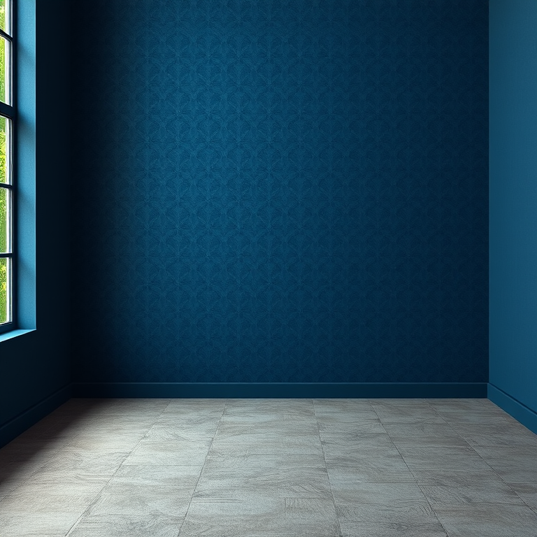 create an empty room scene with a dark blue patterned wall and a textured grey floor, shot with a DSLR camera at f/2.8 aperture, ISO 100, 35mm focal length, using soft natural lighting from a window to enhance details and textures.