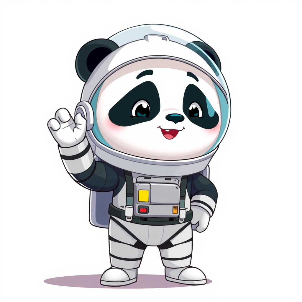 Create a high-resolution cartoon image of a panda in an astronaut suit, standing with one hand raised, using a DSLR camera with a 50mm lens, f/1.8 aperture, ISO 100, and shot from a slightly low angle to enhance the character's presence and detail, with vibrant colors and clean lines.