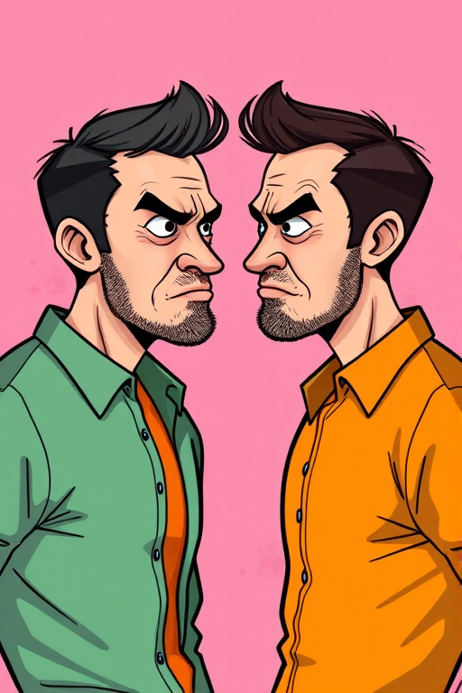 create a cartoon-style illustration of two men facing each other with exaggerated expressions of disapproval, one wearing an orange shirt and the other in a green shirt, set against a pink abstract background, use a digital art style, with high resolution settings at 300 DPI, take the shot in a close-up view, with vibrant colors and sharp lines, using a Wacom tablet for illustration
