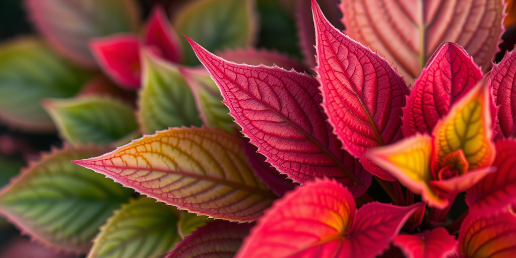 Capture a close-up shot of vibrant red and green leaves with intricate edges, using a DSLR camera set to f/2.8 aperture, ISO 100, and a shutter speed of 1/500s, in natural light for enhanced detail and depth of field.