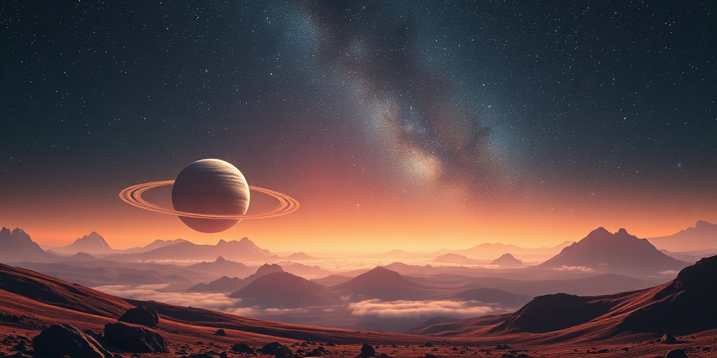create a stunning sci-fi landscape featuring a distant planet with rings, a starry night sky filled with galaxies and asteroids, and a sense of depth and mystery