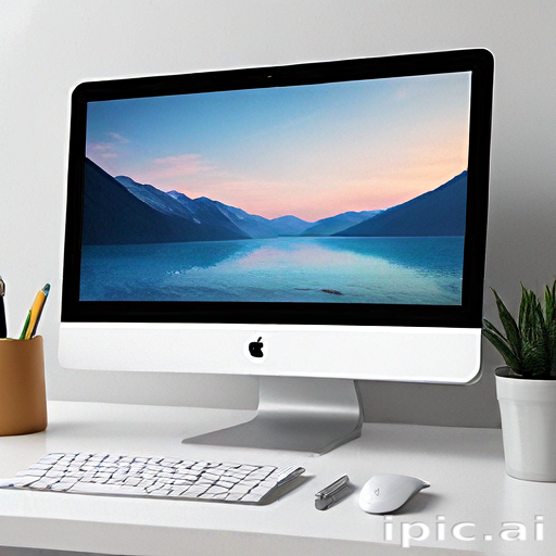 Personal Computer Landscape Image Modern Workspace Featuring an Apple Computer with Serene Mountain ...
