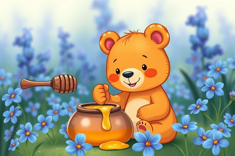 Create a whimsical cartoon illustration of a cute orange bear sitting beside a pot of honey, playfully licking its finger, surrounded by vibrant blue flowers, use a high-resolution digital art style, camera settings: f/4 aperture, ISO 100, shutter speed 1/200s, camera view: close-up, camera type: digital DSLR.