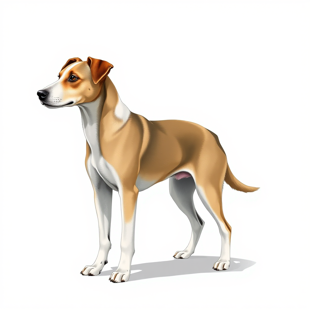Create a highly detailed illustration of a standing dog, using a DSLR camera with a 50mm lens, aperture set to f/1.8, ISO 100, natural lighting, in a side view to highlight its features, minimalist background for enhanced focus on the dog.