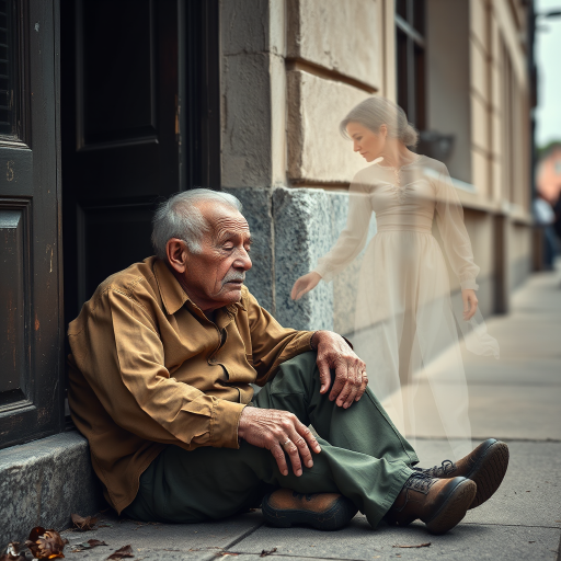 beautifully weathered old homeless veteran sitting on the ground slumping against the wall of a building with his eyes closed. there is an Ethereal, translucent figure of a beautiful elderly woman comforting him