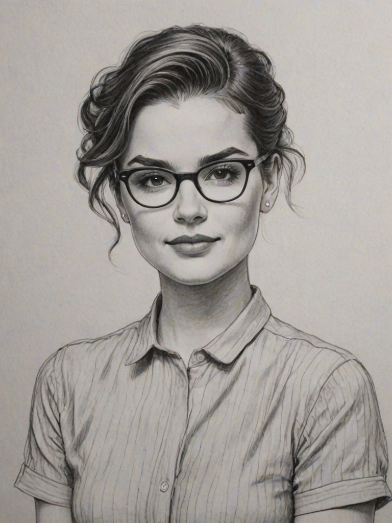 Delightful Brianna Hildebrand, pencil sketch, portrait of Pleasing woman 1941s in glasses, hair style beatnik, outline, clear lines, fine lines, 8k