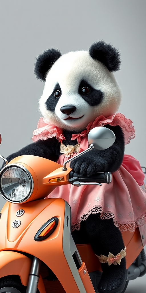 This high-resolution photograph captures a charming panda named Huahua, depicted with her distinctive black and white fur, riding a brightly colored motorcycle. Huahua is dressed in an adorable pastel-colored dress adorned with delicate frills and bows, adding a touch of whimsy to her natural charm. The dress is detailed with intricate patterns and soft textures, creating a lifelike contrast to her fluffy fur.