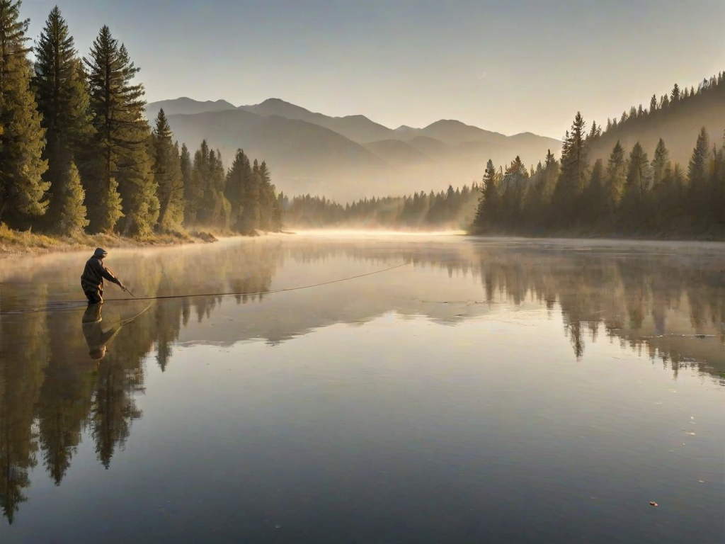 Sharp, high-resolution photo of a fisherman casting a line into a river at dawn, soft mist rising from the water, sunlight glinting off the surface, distant mountains and trees reflected in the water, the sound of birds chirping and the gentle splash of water filling the air.