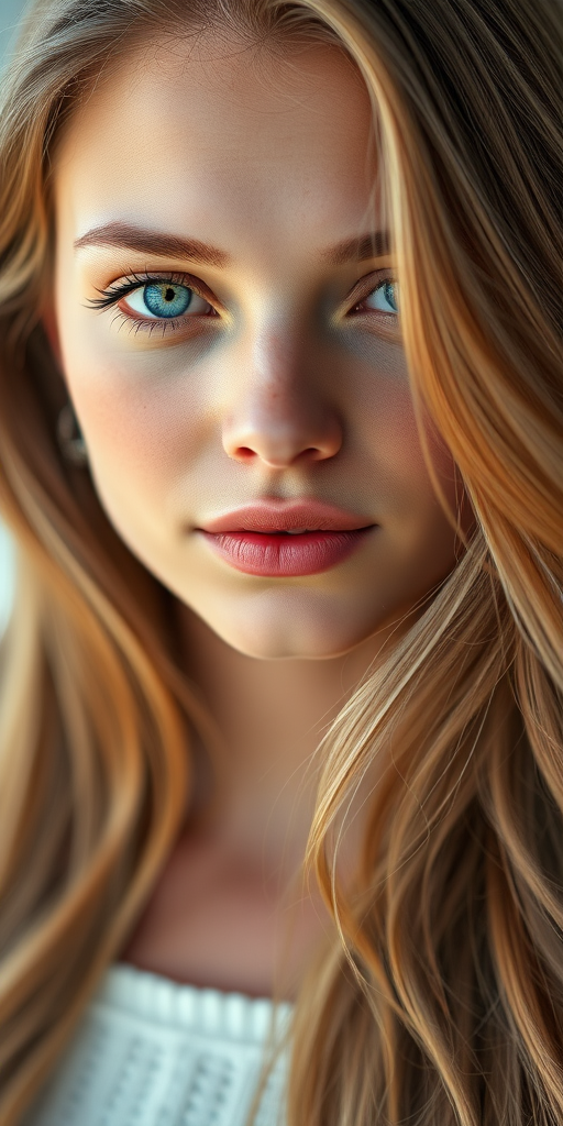 Generate a hyper-realistic portrait of a young woman with long, flowing hair, bright blue eyes, and a soft, natural makeup look, shot with a Canon EOS R5 at f/1.2, ISO 100, 85mm lens, in natural light with a shallow depth of field for a dreamy background effect.